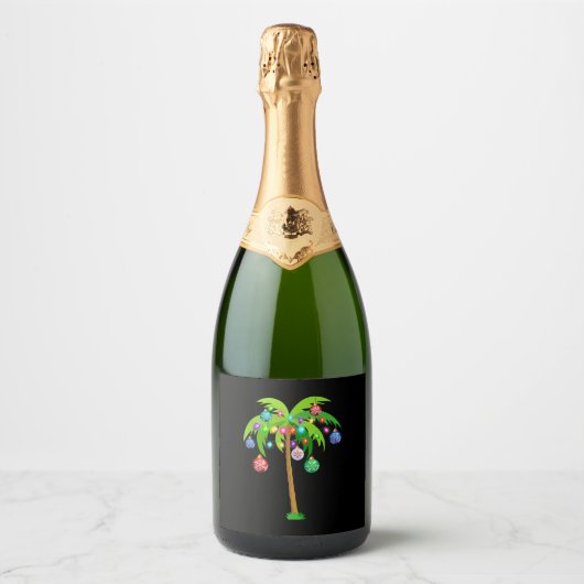 Palm Tree-kerstlampjes Funny Beach Summer Sparkling Wijnetiket (Voorkant)