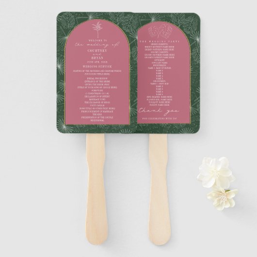 Palm Tree Leaf Pink & Green Wedding Program Handwaaier (Voorkant en achterkant)