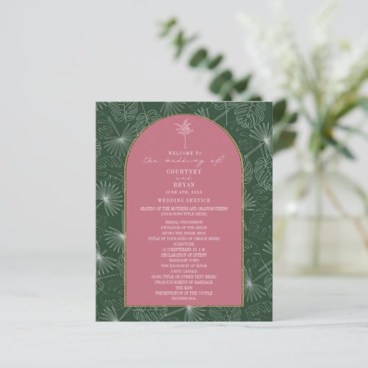 Palm Tree Leaf Programme de mariage rose et vert (Debout devant)