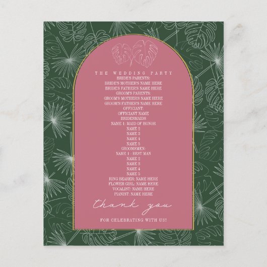 Palm Tree Leaf Programme de mariage rose et vert (Dos)
