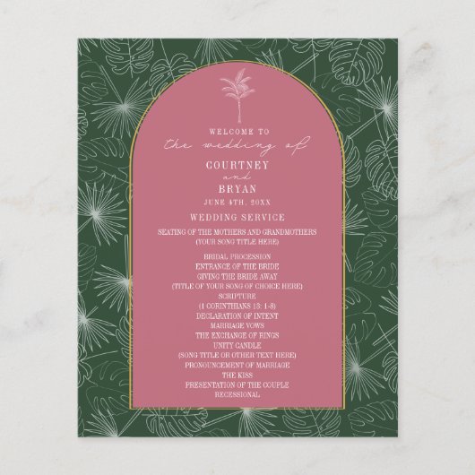 Palm Tree Leaf Programme de mariage rose et vert (Devant)