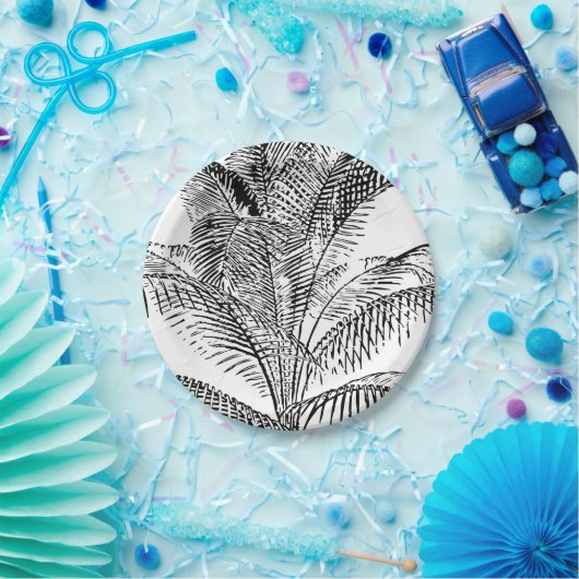 Palm Tree Leaves Black & White Abstract Pattern Papieren Bordje (Feest)