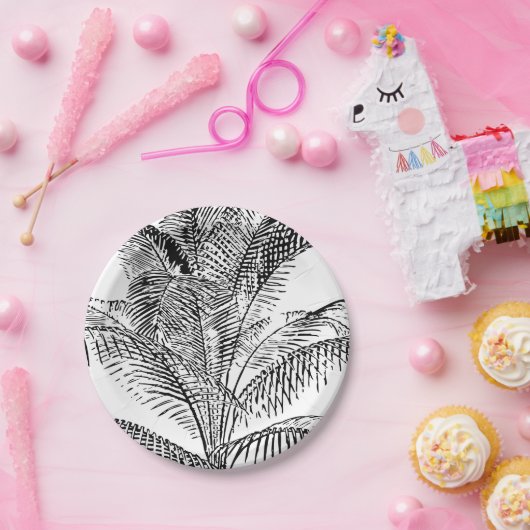 Palm Tree Leaves Black & White Abstract Pattern Papieren Bordje (Feest)
