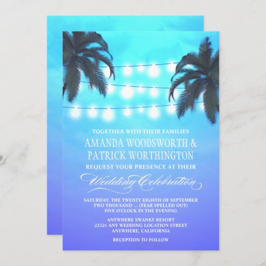 Palm Tree Lights Watercolor Mariage Invitations (Devant / Derrière)