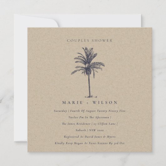 Palm Tree Marine Kraft Couples Invitation de douch (Devant)