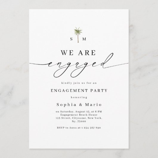 Palm Tree Monogram Photo Beach Engagement Party Kaart (Voorkant)