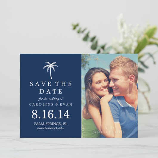 Palm Tree Photo Wedding Save the Date {navy blue} (Debout devant)