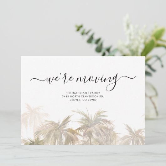 Palm Tree Script Moving Announcard Bedankkaart (Staand voorkant)
