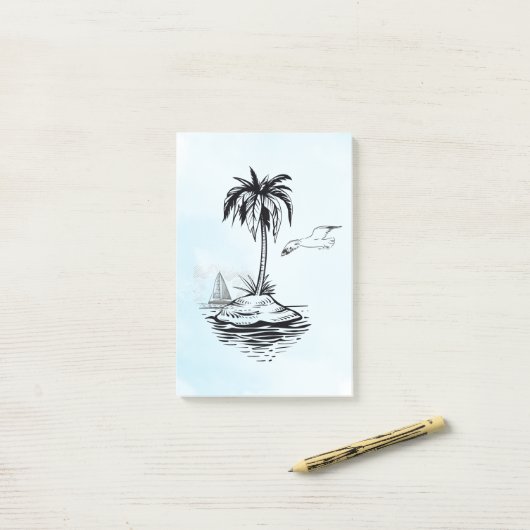 Palm Tree & Seagull sur Post-it notes (Sur un bureau)
