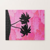 Palm Tree Silhouette, Dawn Pink met wolken Legpuzzel (Horizontaal)