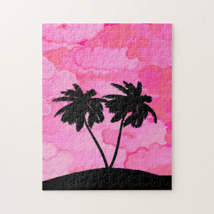 Palm Tree Silhouette, Dawn Pink met wolken Legpuzzel
