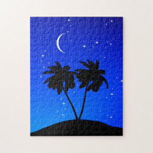 Palm Tree Silhouette, Evening Blue met sterren Legpuzzel