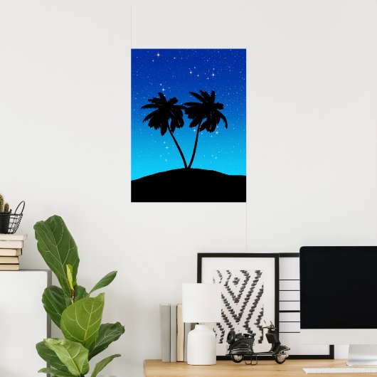 Palm Tree Silhouette op Evening Blue met sterren Poster (Thuiskantoor)