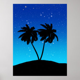Palm Tree Silhouette op Evening Blue met sterren Poster