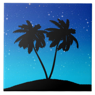 Palm Tree Silhouette op Evening Blue met sterren Tegeltje