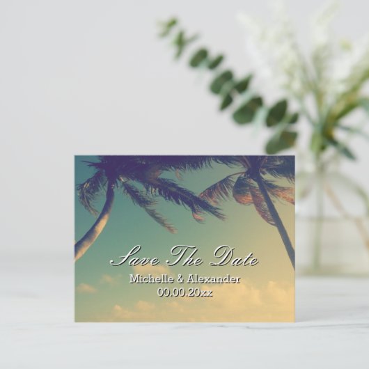Palm tree strand bruiloft Save The Date briefkaart (Staand voorkant)