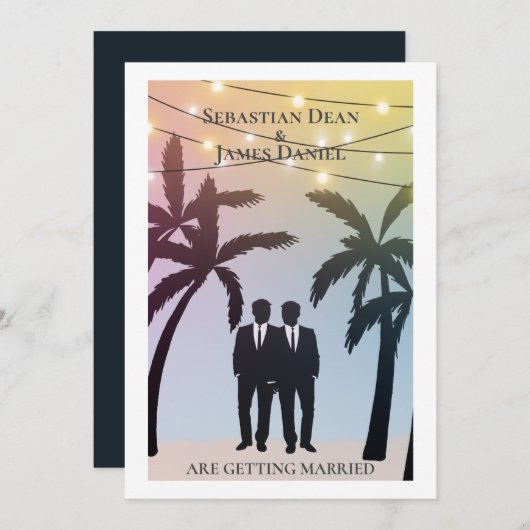 Palm Tree String Lights Two Groom Gay Wedding Kaart (Voorkant / Achterkant)