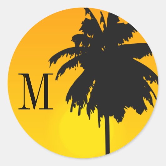 Palm Tree Sunset Bruiloft Stickers met Monogram (Voorkant)