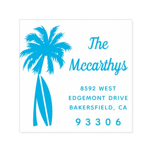 Palm Tree Surfboard Achternaam Retouradres Zelfinktende Stempel (Design)
