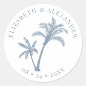 Palm Tree Tropical Beach Bruiloft Dusty Blue Ronde Sticker (Voorkant)
