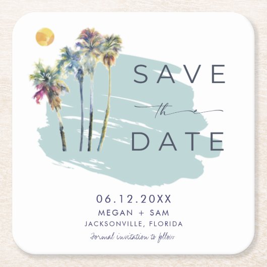Palm Tree Tropical Beach Bruiloft Save the Date Vierkante Kartonnen Onderzetter (Voorkant)