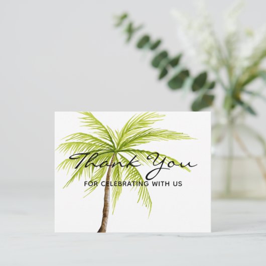 Palm Tree Tropical Beach Dank u feestvieren Bedankkaart (Staand voorkant)