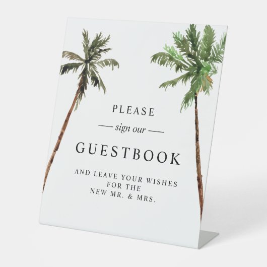 Palm Tree Tropical Boho Minimal Wedding Guestbook Reclamebord Met Voetstuk (Voorkant)