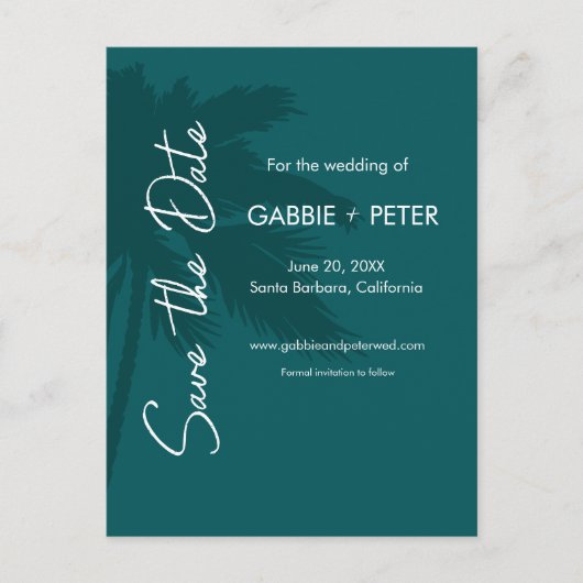 Palm Tree Typografie Modern Blauwgroen De datum op Briefkaart (Voorkant)