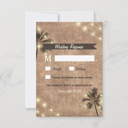 Palm Tree Vintage Lights Beach Wedding Cartes RSVP (Devant)