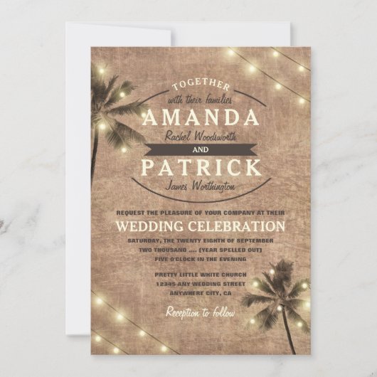 Palm Tree Vintage Lights Plage Mariage Invitations (Devant)