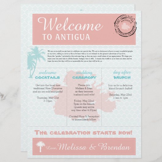 Palm Tree Wedding Welcome Letter for Antigua (Voorkant / Achterkant)