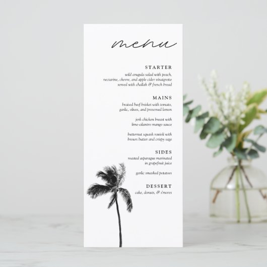 Palm Tree Zwart & Wit Modern bruiloft diner Menu (Staand voorkant)