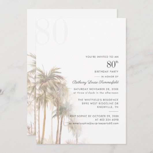Palm Trees 80th Birthday Party Waterverf Kaart (Voorkant / Achterkant)