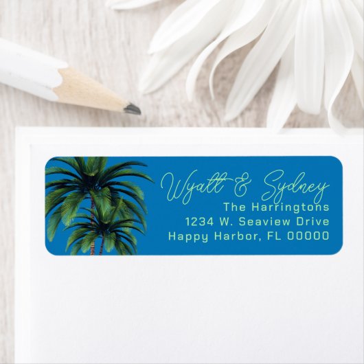 Palm Trees Blue Script Namen retouradres Etiket (Insitu)