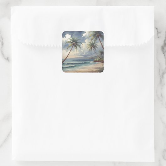 Palm Trees Hawaiian Travel Honolulu Blue Sea Vierkante Sticker (Tas)