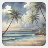 Palm Trees Hawaiian Travel Honolulu Blue Sea Vierkante Sticker (Voorkant)