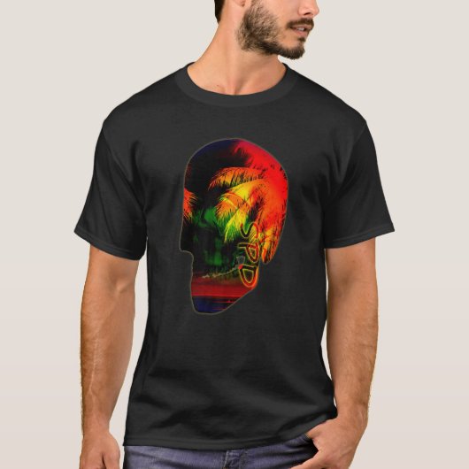 Palm Trees Night Ocean Skull T-shirt (Voorkant)