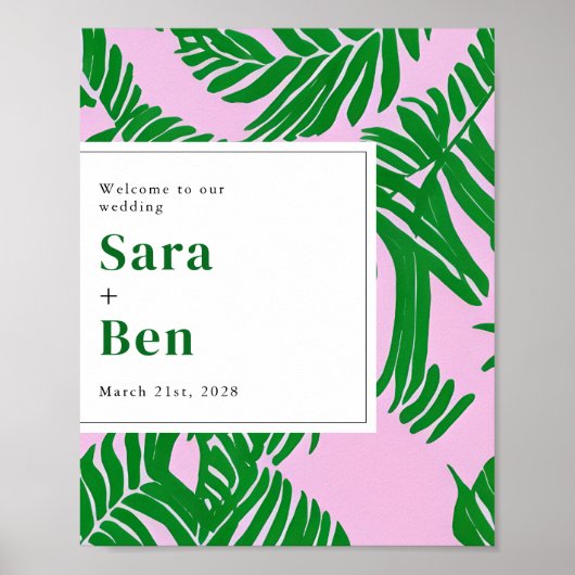 Palm Trees Pink + Green Beach Weddenschap Welkom Poster (Voorkant)