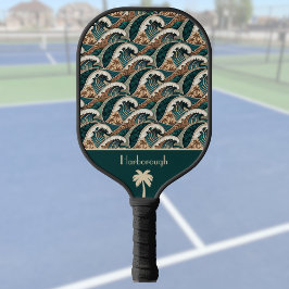Palm Trees Polynesian Waves Vintage Beach Monogram Pickleball Paddle