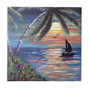 Palm Trees Sunset Ocean Painting Tegeltje