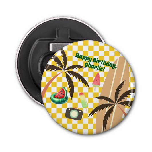 Palm Trees Surfboard Geruit Zomerfeest Button Flesopener (Voorkant)
