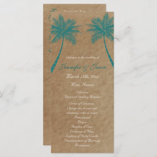 Palm Trees Tropical Blauwgroen Beach Wedding Progr Programma (Voorkant / Achterkant)