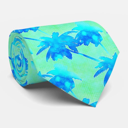 Palm Trees Tropical Pattern Bright Blue Green Stropdas (Opgerold)