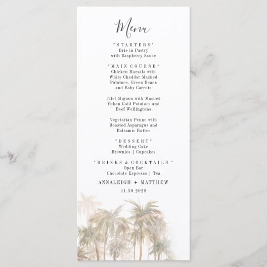 Palm Trees Waterverf Coastal Wedding Menu (Voorkant)
