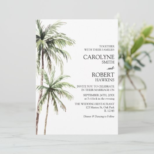 Palm Trees Waterverf Tropisch strand bruiloft Kaart (Staand voorkant)