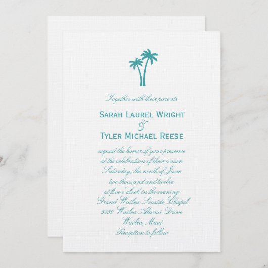 Palm Trees Wedding Invitation - White/Aqua Kaart (Voorkant / Achterkant)