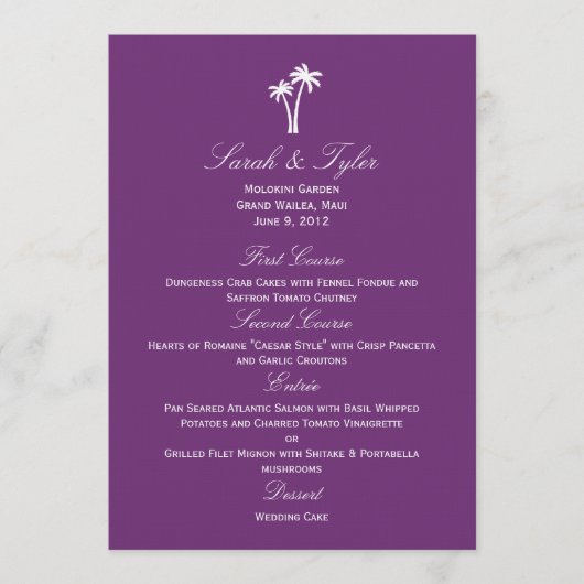 Palm Trees Wedding Menu Card - Paars (Voorkant)