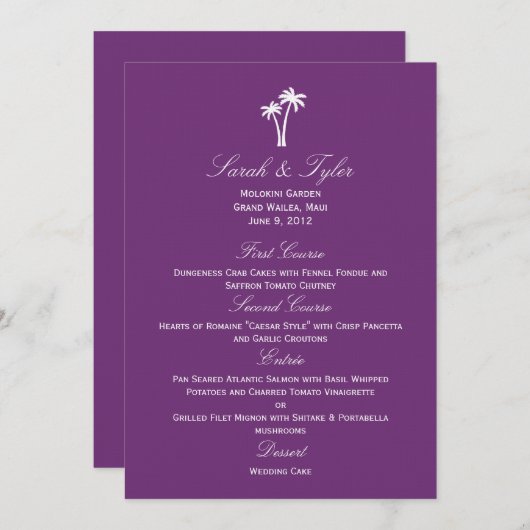 Palm Trees Wedding Menu Card - Paars (Voorkant / Achterkant)