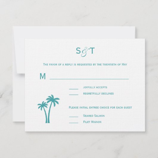Palm Trees Wedding RSVP Card - White/Aqua (Voorkant)