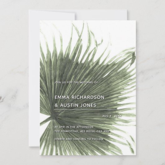 Palm Tropical Botanical Leaf Wedding Invitation Kaart (Voorkant)